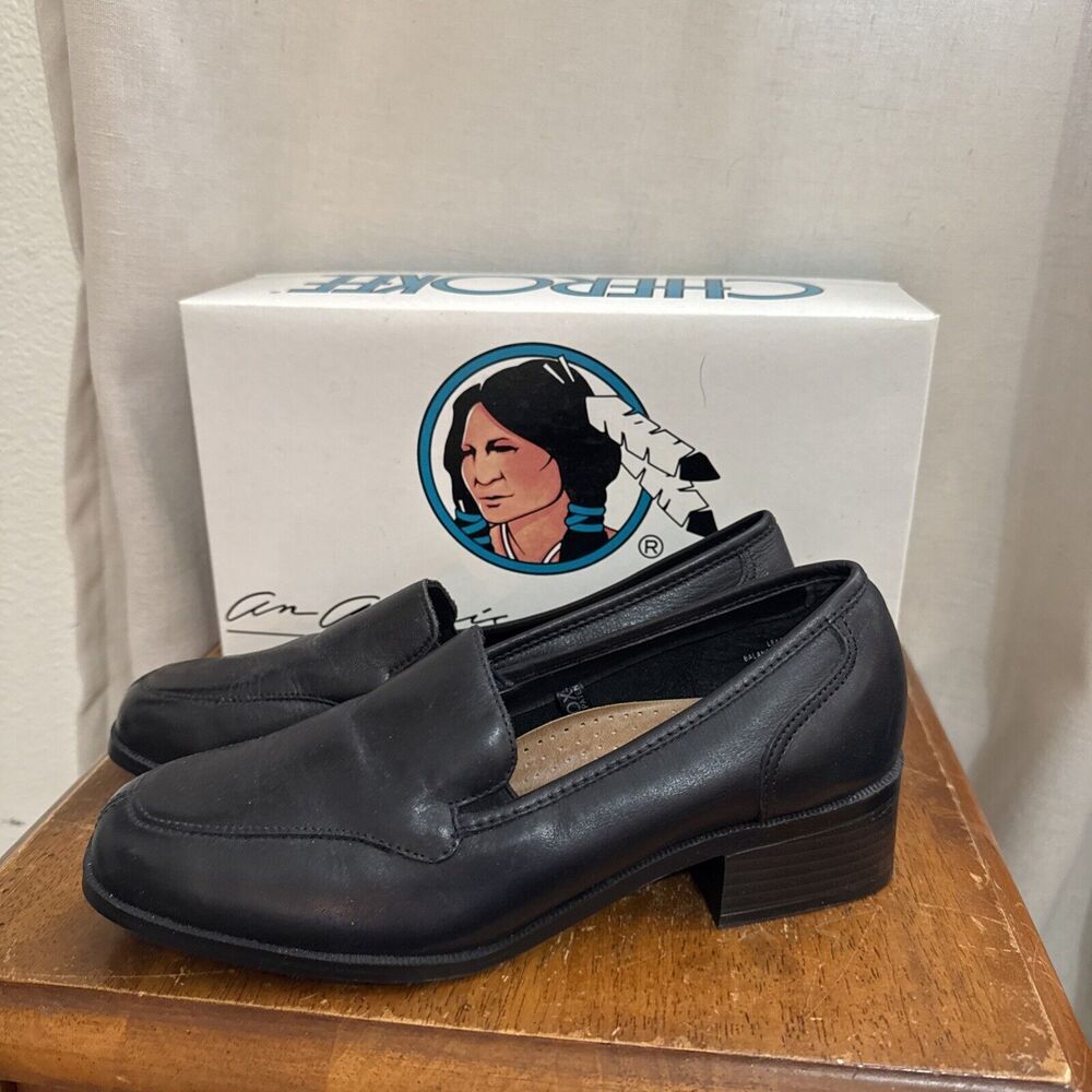 Cherokee 90s Y2K‎ Black Leather Lug Slip On Womens Mules Loafer Heels Bratz 7.5
